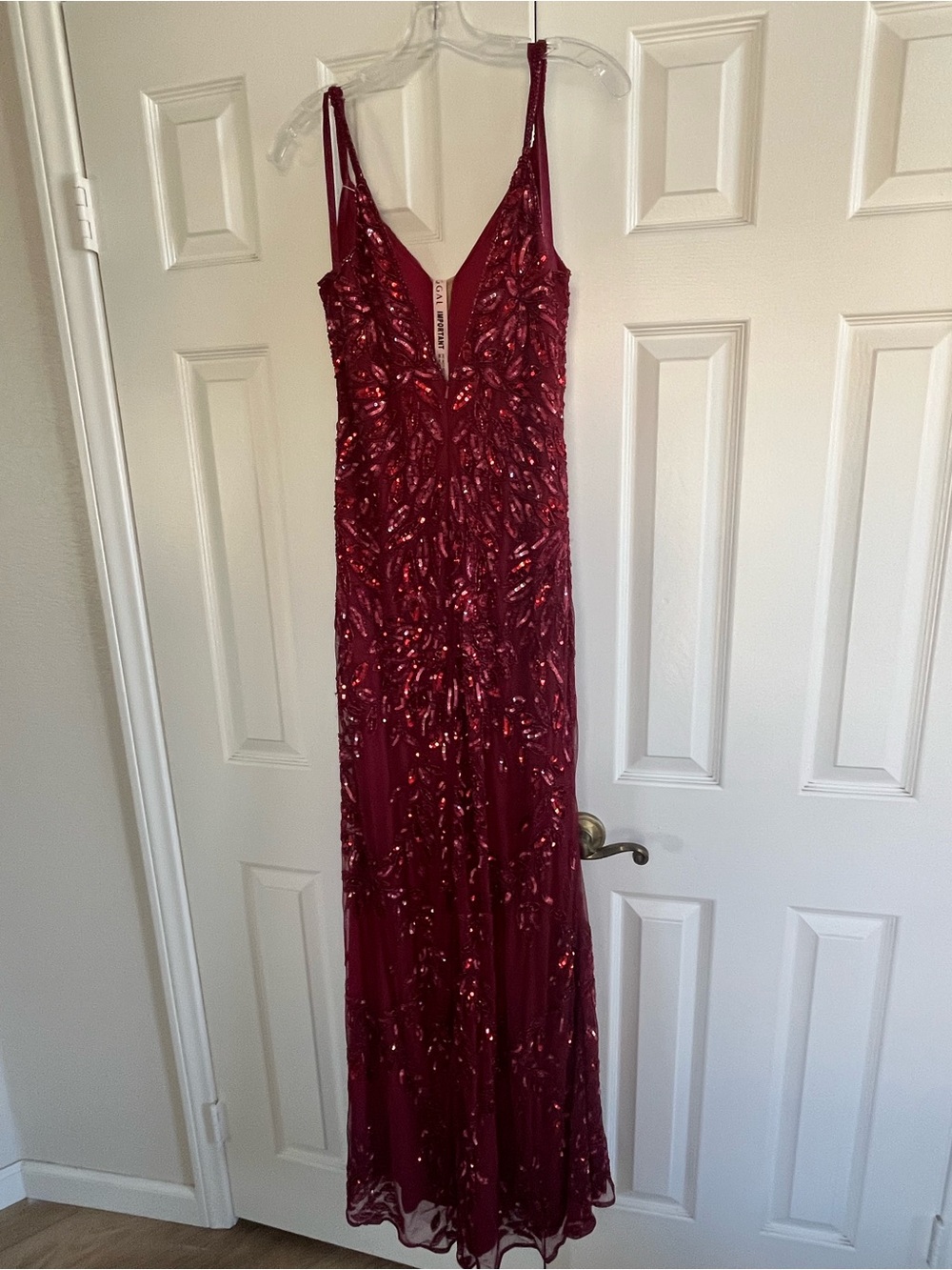 Mac Duggal Sequined Sleeveless Plunge Neck Trumpet Gown Burgundy